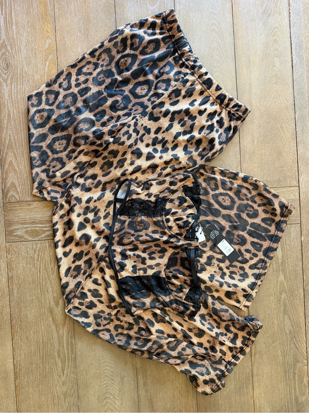 Fashion Nova Leopard-Print Satin Cami & Shorts Set with Black Lace